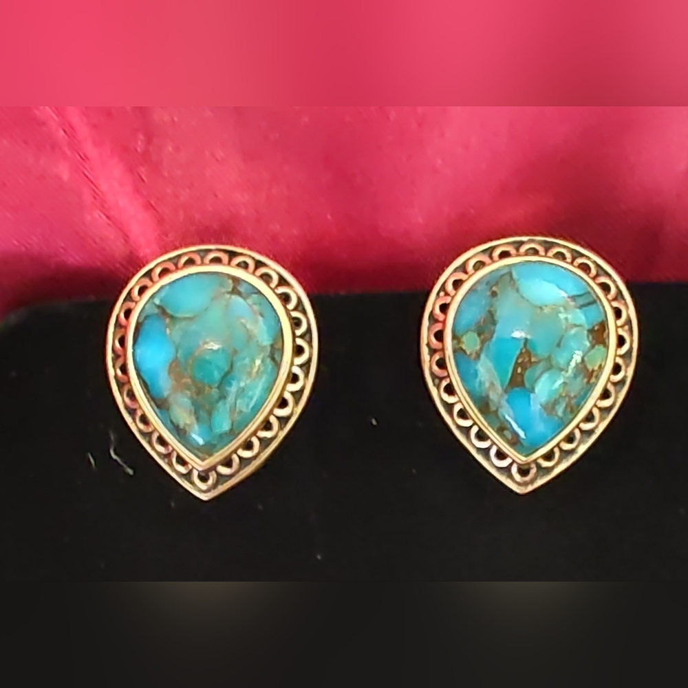 Barse Fused Bronzed Turquoise Teardrop Clip Earrings